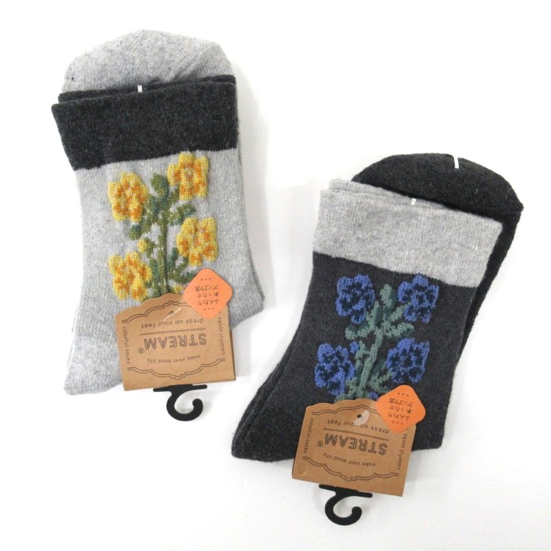 STREAM あったかアンゴラ混 サイド花柄ロークルーソックス